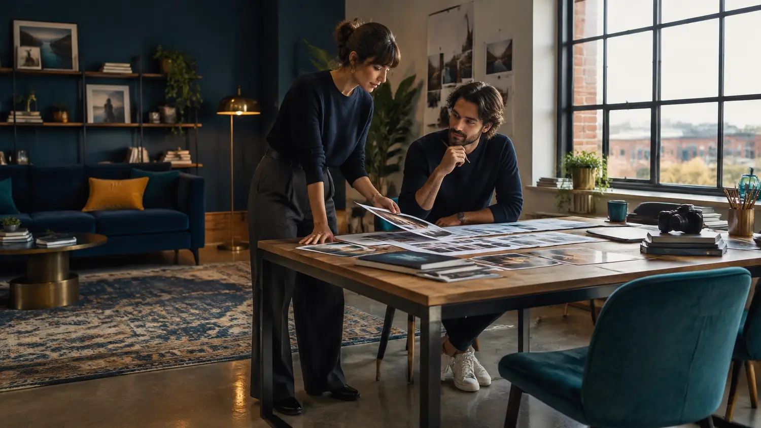 Creative collaborators directing a culture-led project around a studio table with music, sport, and design references